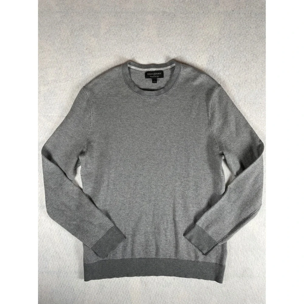 Banana Republic Mens Gray Waffle‎ Knit Crewneck Cashmere Silk Luxe Yarn Medium